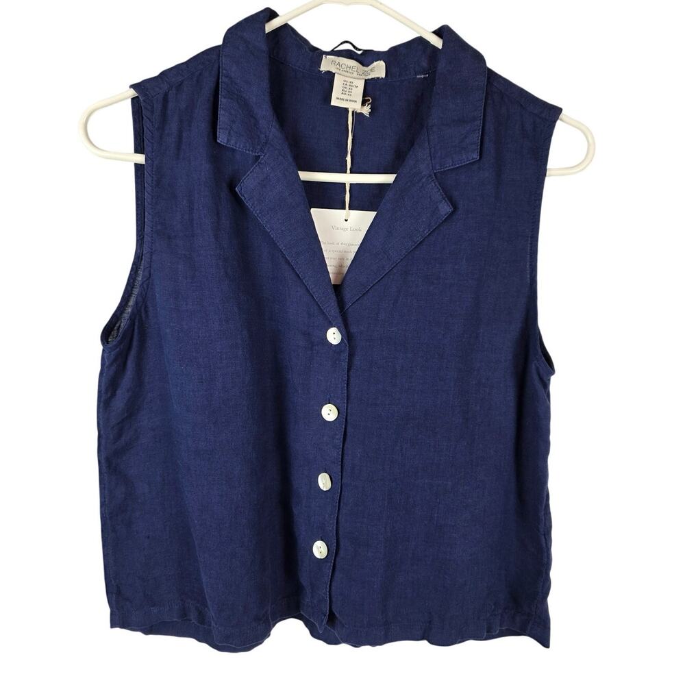 Rachel Zoe NWT 100% Linen Sleeveless Button Up Top Slate Blue Collared Crop